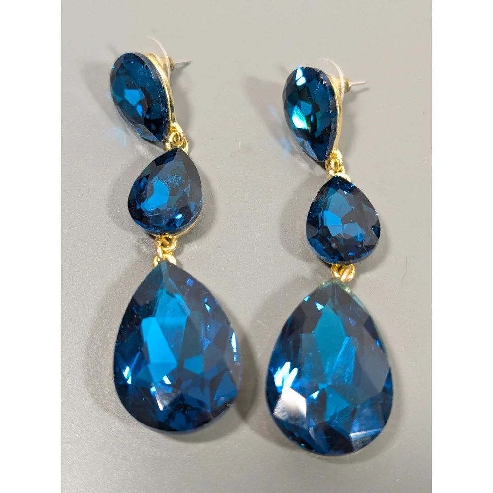 Blue Rhinestone Facet Teardrop‎ Dangle Earrings Evening Glam Chic Runway